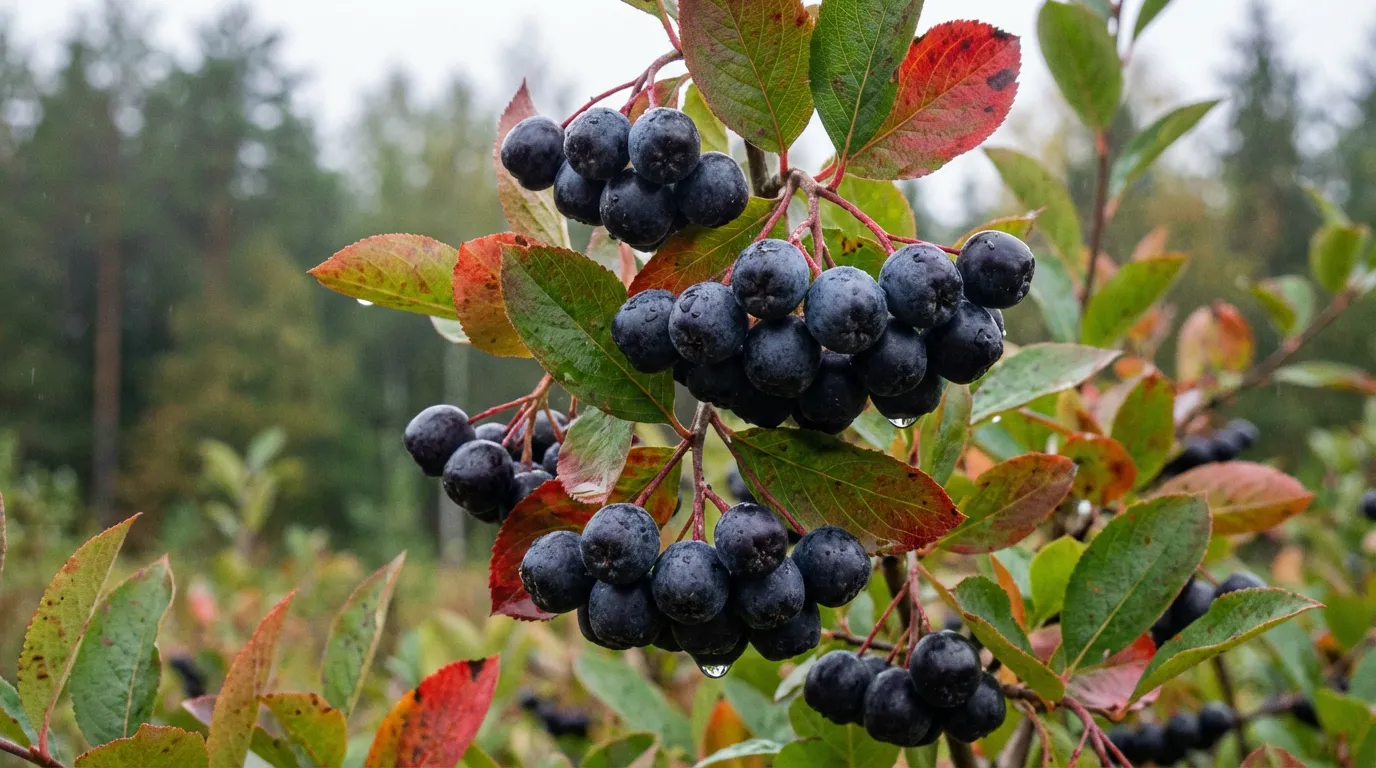 Baies d’aronia noires en grappes sur un arbrisseau, fruit Aronia melanocarpa