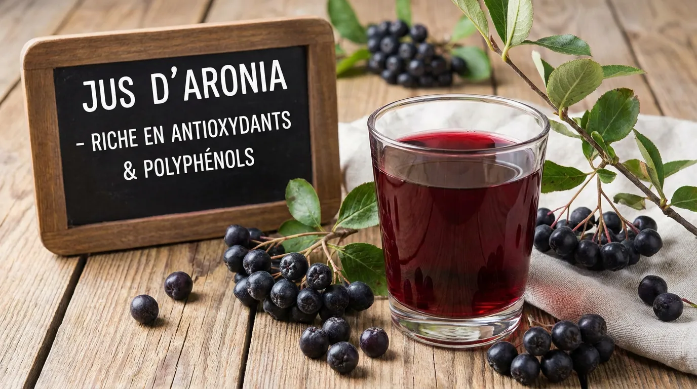 Jus d’aronia dans un verre avec des baies fraîches, riche en antioxydants et polyphénols