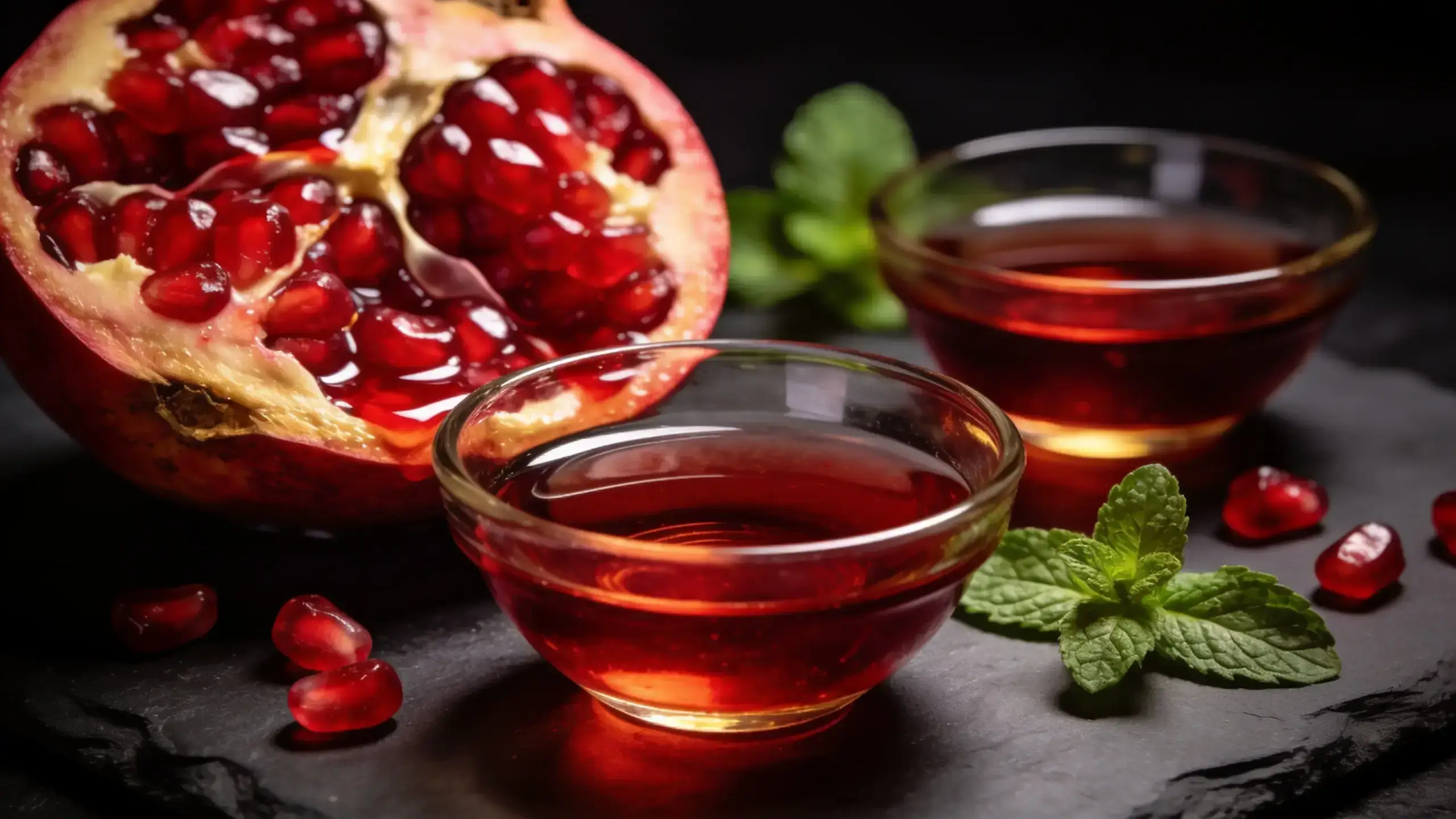 Jus de grenade – Extrait de grenade rouge dans des bols en verre avec menthe fraîche Deux bols en verre remplis de jus de grenade rouge rubis sur ardoise noire avec une demi-grenade ouverte aux arilles brillantes et des feuilles de menthe fraîche éparpillées autour