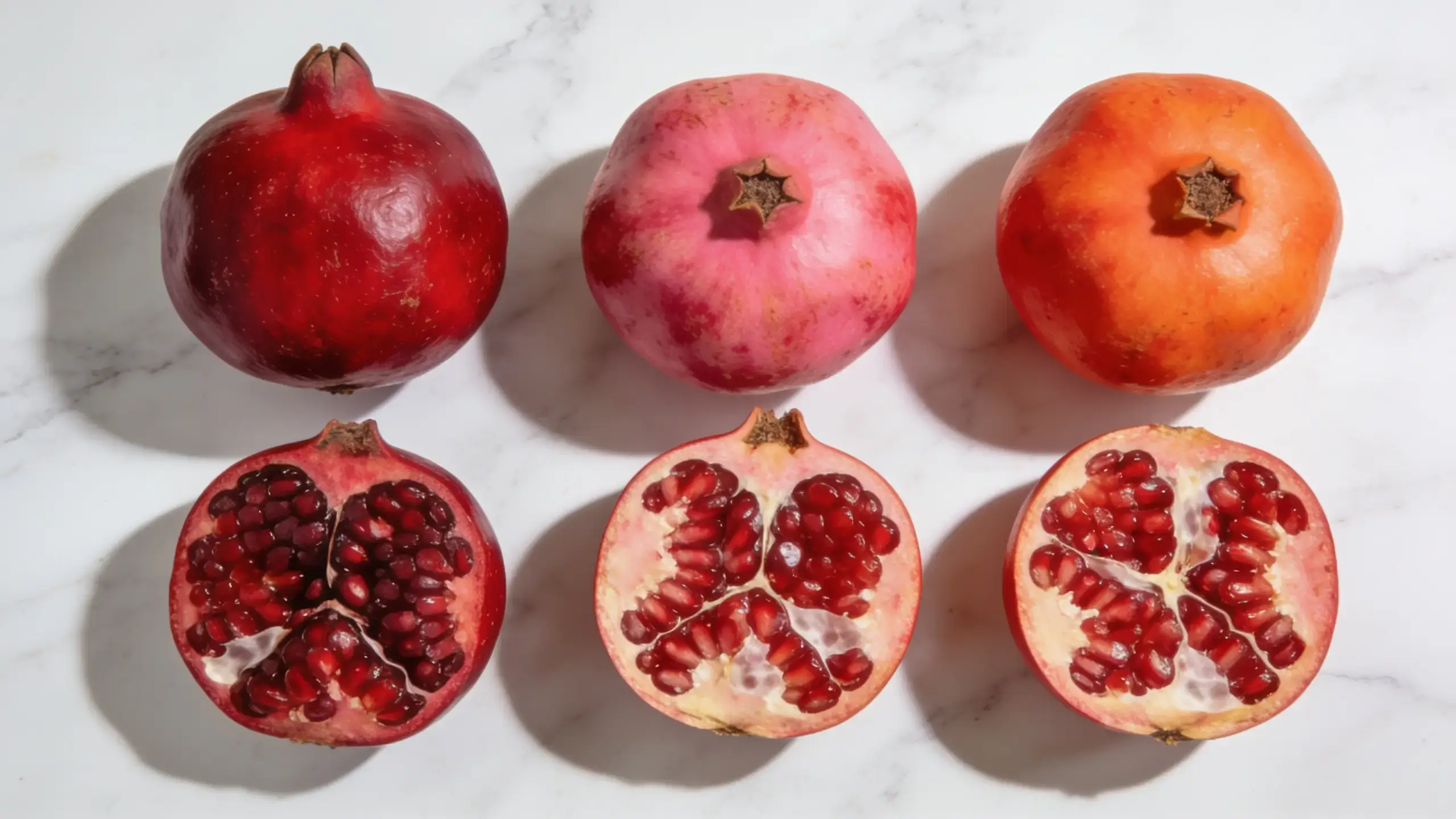 Variétés de grenade fruit – Comparaison rouge, rose et orange coupées en deux Trois variétés de grenades entières et coupées en deux sur fond de marbre blanc montrant les différences de couleur entre grenade rouge foncé aux arilles pourpres, grenade rose aux graines rouge vif et grenade orange aux arilles claires