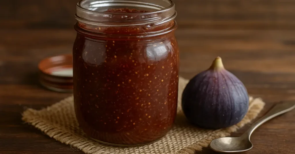 Pot en verre de confiture artisanale à la figue fruit posé sur une table rustique.