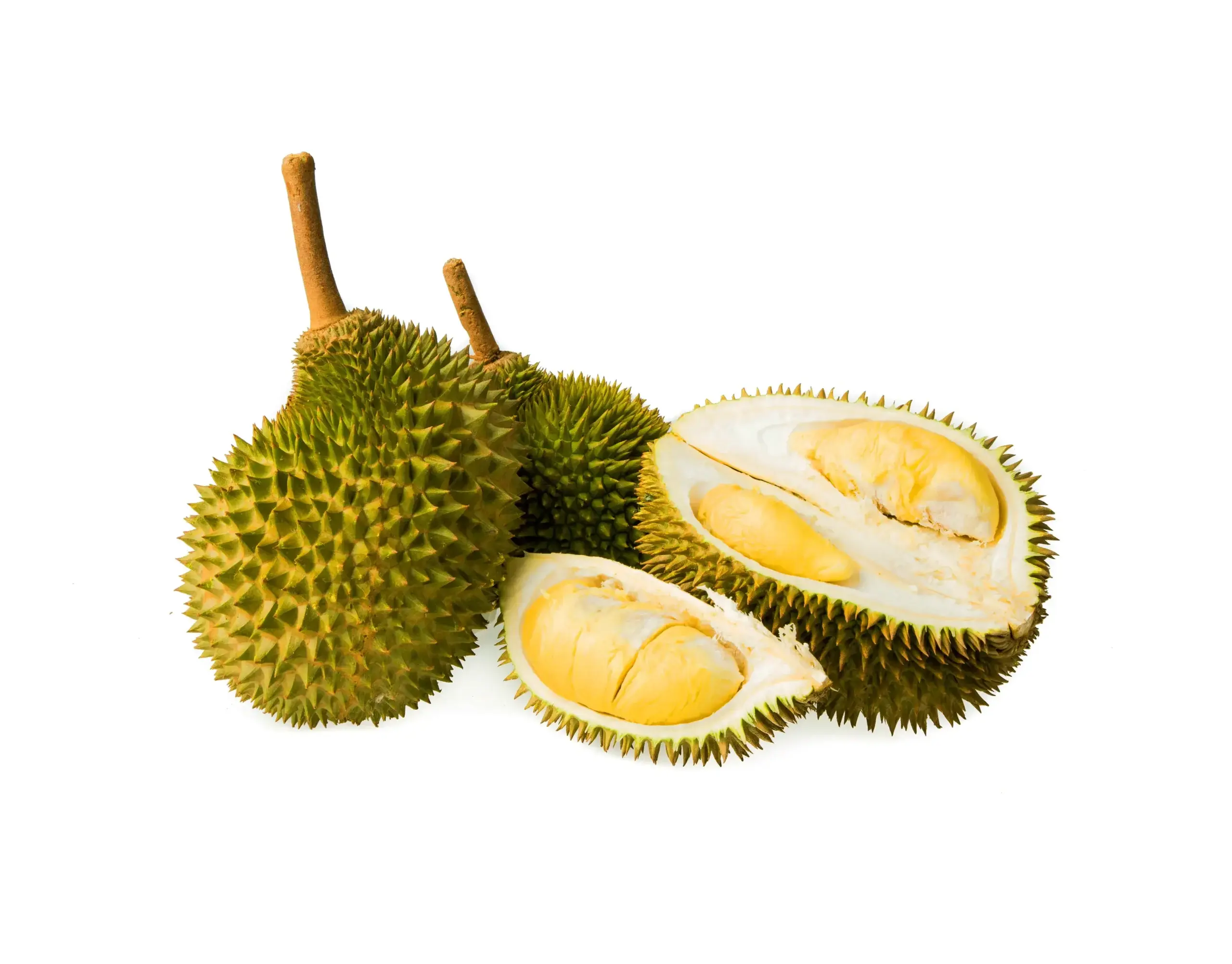Un durian entier et coupé en deux, révélant sa chair jaune.