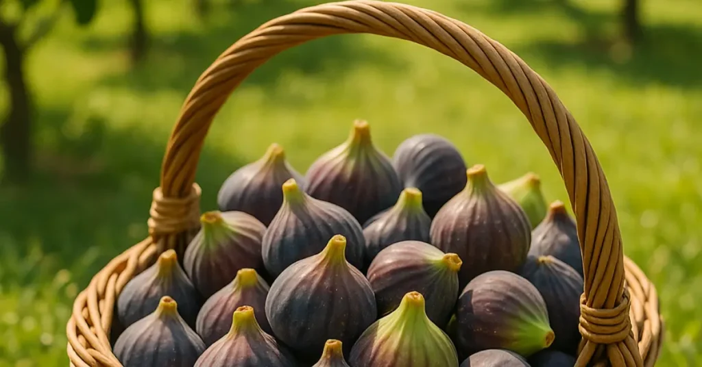 Panier rempli de fruit de figuier fraîchement récoltées dans un verger.