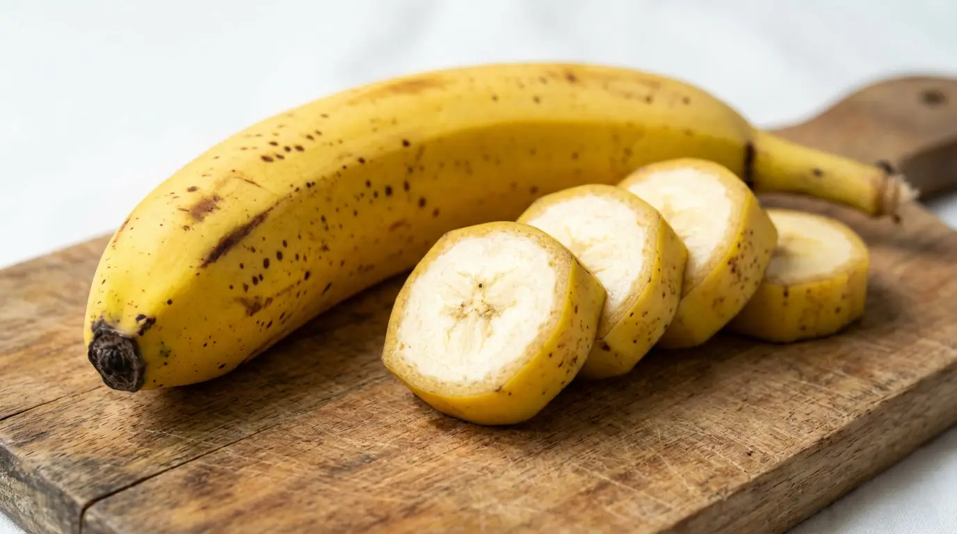 Banane fruit mûre entière et tranchée posée sur une planche en bois — chair crémeuse et peau tachetée riche en antioxydants