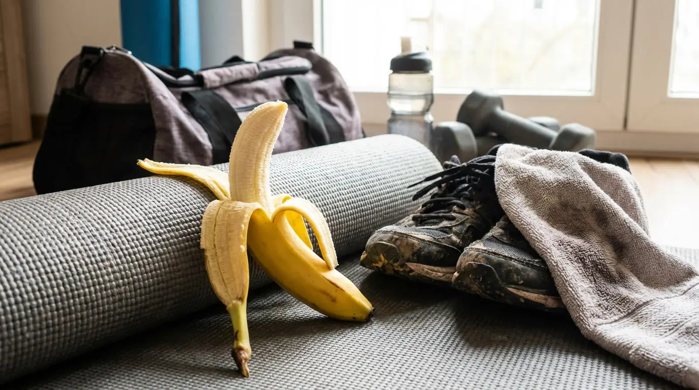 Banane fruit épluchée posée sur un tapis de yoga entouré d'équipements sportifs — chaussures de running, haltères, gourde et sac de sport