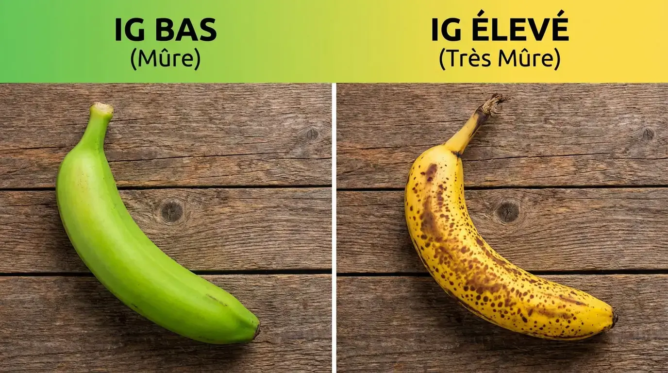 Infographie comparant l'index glycémique de la banane fruit verte (IG bas) et de la banane très mûre tachetée (IG élevé) sur fond bois