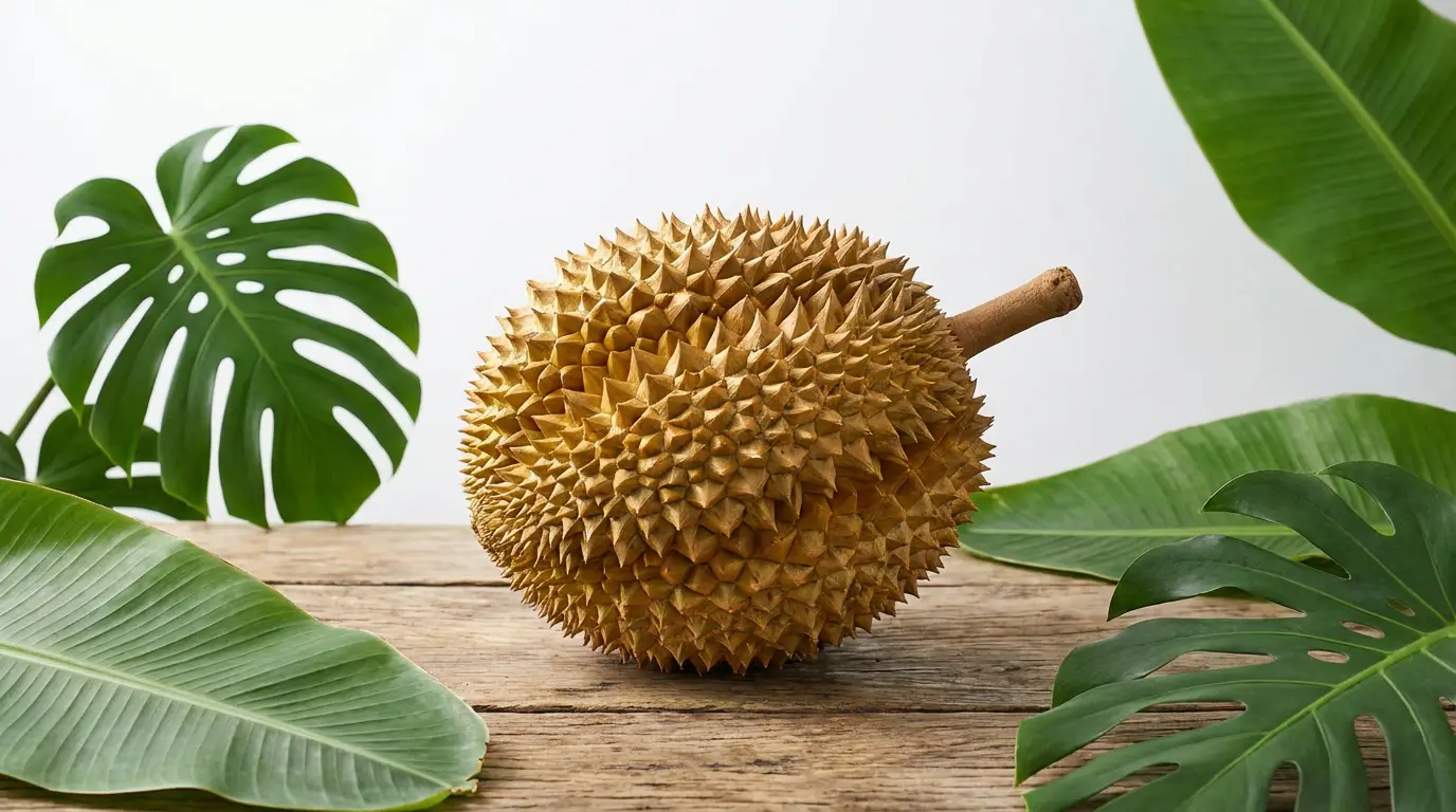 Durian fruit entier avec sa peau épineuse verte sur une table en bois entouré de feuilles tropicales