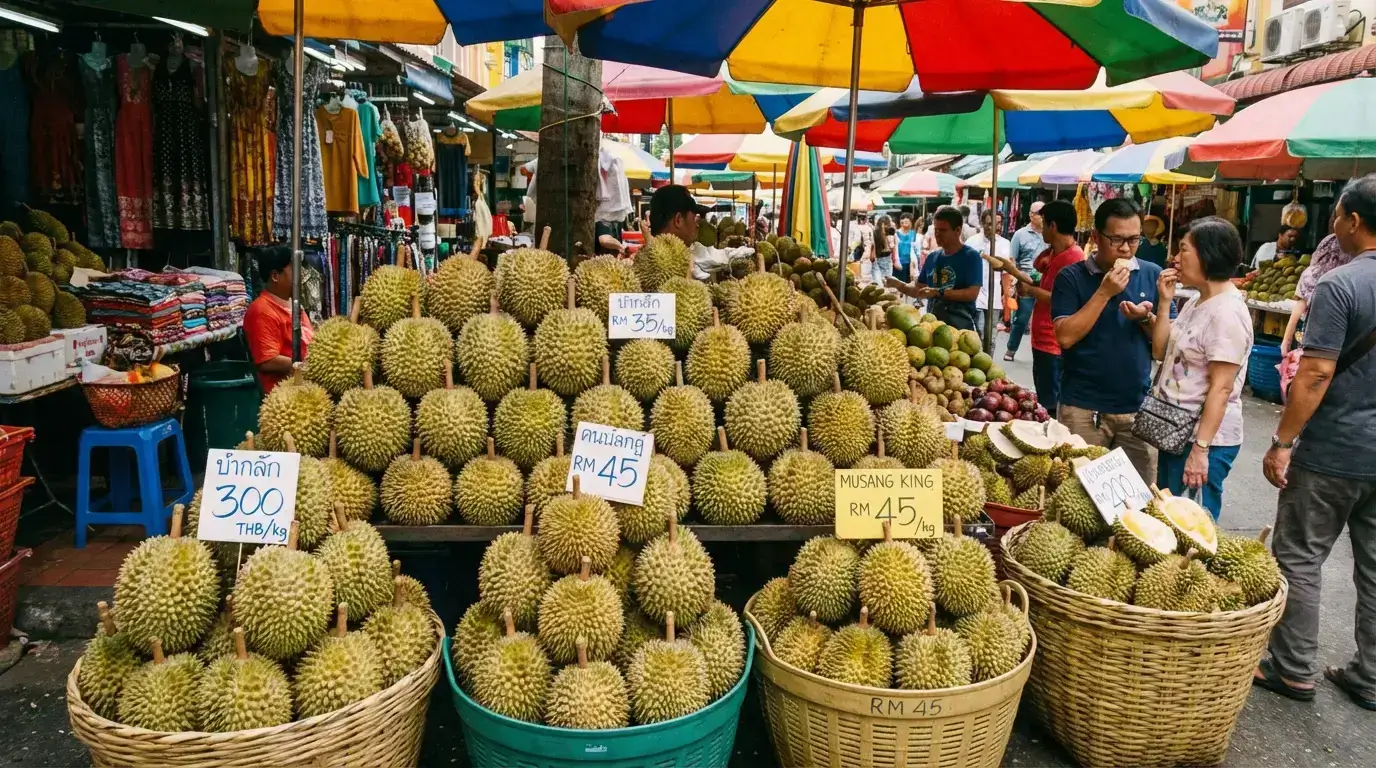 Étal de duriens entiers empilés sur un marché tropical en Asie du Sud-Est en plein air