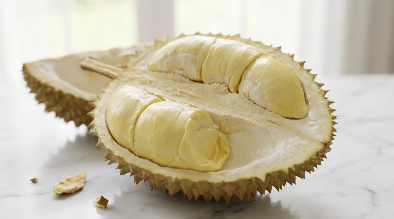 Durian fruit ouvert en deux révélant sa chair crémeuse jaune en gros plan sur marbre blanc