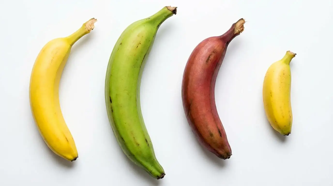 Comparaison de 4 variétés de banane fruit côte à côte — Cavendish jaune, plantain verte, banane rouge et banane naine sur fond blanc