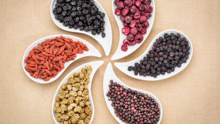 Divers superfruits secs présentés dans des coupelles en forme de pétales.