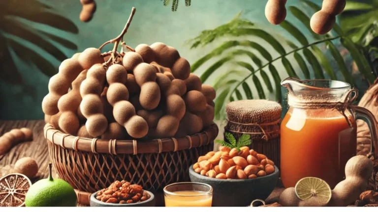 Un panier rempli de gousses de tamarin fraîches sur une table en bois, entouré de graines de tamarin, d’une carafe de jus de tamarin, de pulpe séchée et de citrons verts. En arrière-plan, des feuilles tropicales ajoutent une touche exotique à la scène.