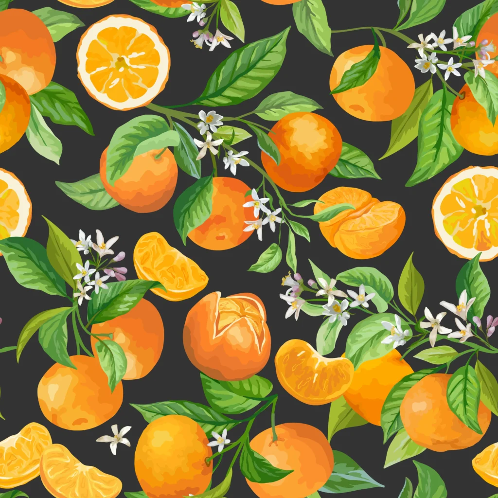 Mandarin Floral Pattern. Vector Seamless Fruit Background, Citrus Fruits, Flowers, Leaves, Orange Branches Texture