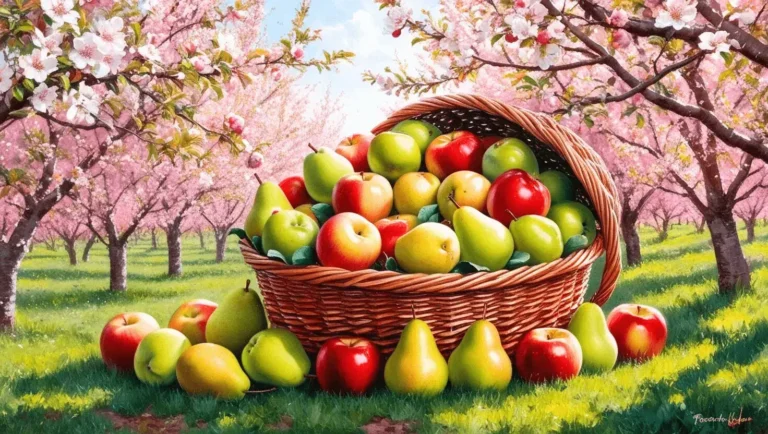 Un panier en osier rempli de fruits à pépin, pommes et poires sous des arbres en fleurs.