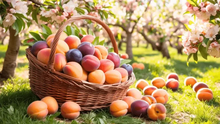 Un panier en osier rempli de fruits à noyau, pêches et prunes sous des arbres en fleurs.