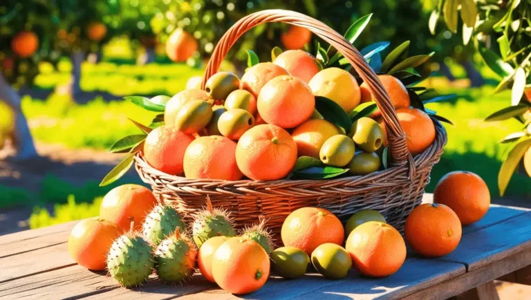 Un panier en osier rempli d'oranges et d'autres fruitscommençant par o