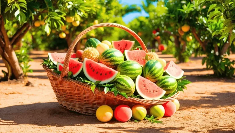 Un panier en osier rempli de fruits commençant par w, watermelon, wampi