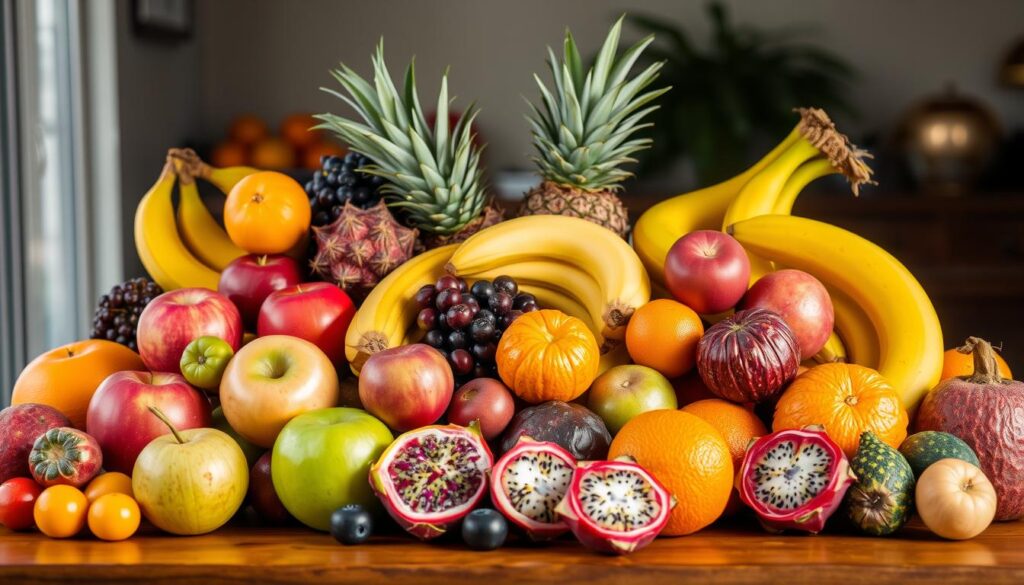 fruits en w, Un étalage vibrant de fruits colorés disposés artistiquement sur une table en bois, présentant un assortiment de formes et de tailles, y compris des pommes, des bananes, des oranges et des fruits exotiques tels que le fruit du dragon et le fruit de la passion, tous des fruits de l'agriculture et de la pêche.