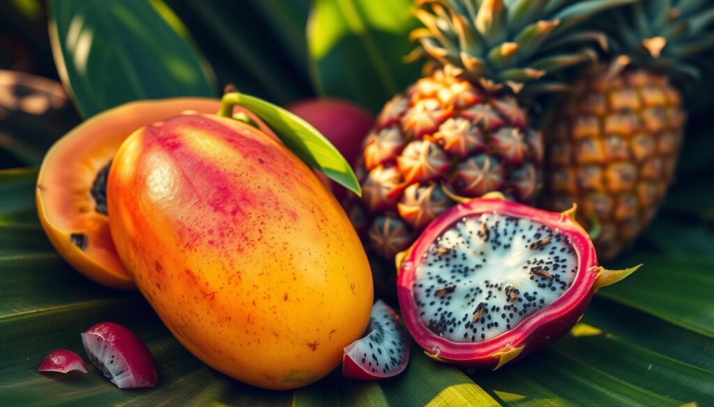 Fruits tropicaux comprenant une papaye, des ananas et un fruit du dragon, disposés sur des feuilles vertes et illuminés par une lumière naturelle.