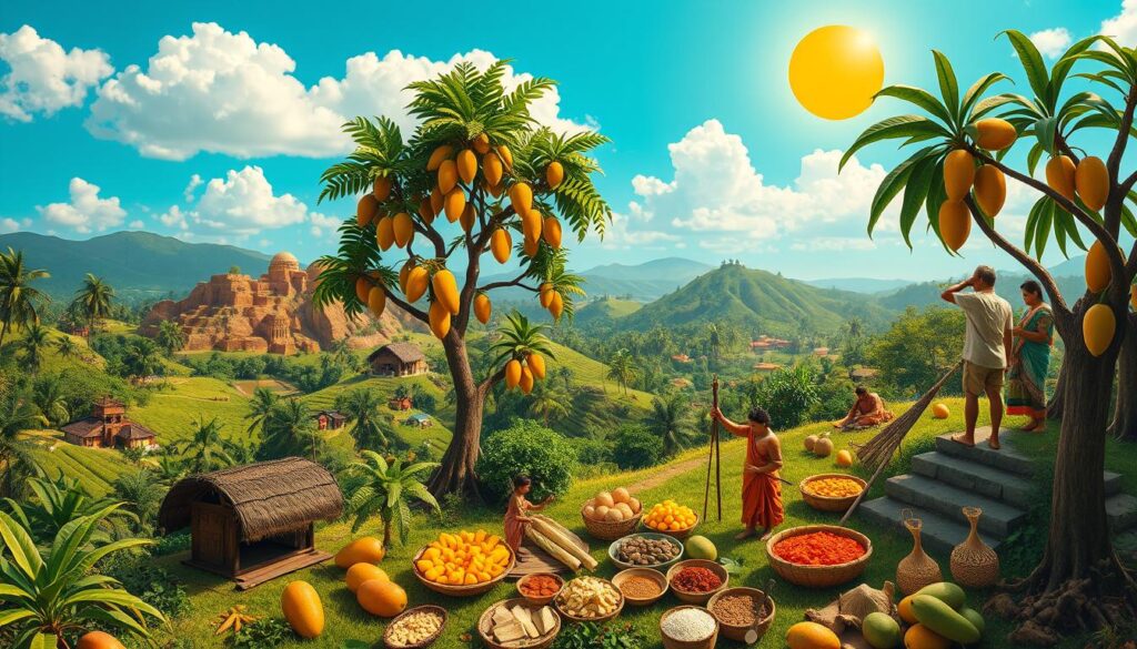 Village tropical avec des manguiers, des récolteurs et des paniers remplis de fruits, entourés de collines verdoyantes et de ciel bleu.