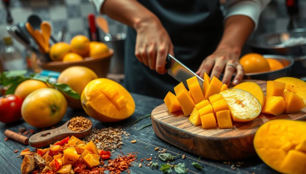 Un chef découpant des mangues sur une planche en bois, entouré d'ingrédients et d'épices colorés dans une cuisine.