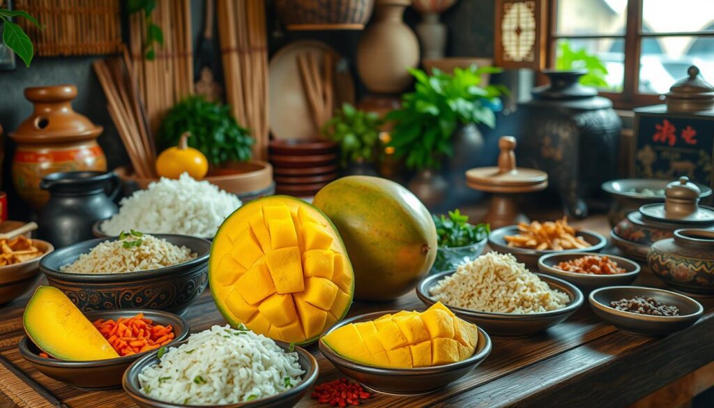 Une mangue découpée au centre d'une table garnie de plats de riz, d'épices et d'ingrédients exotiques, entourée d'éléments décoratifs traditionnels asiatiques.