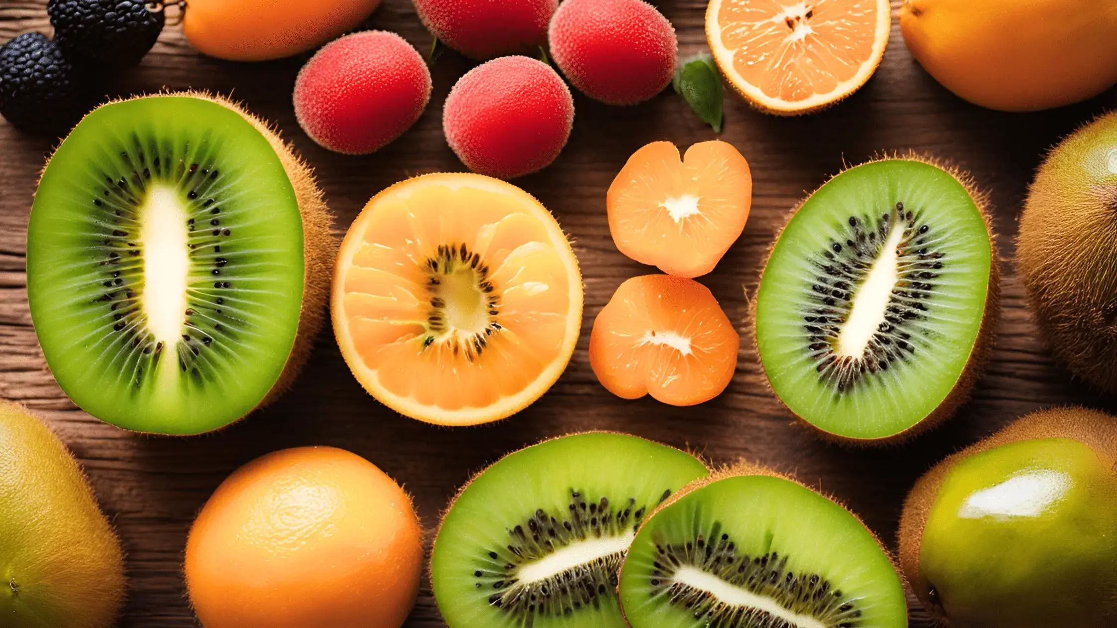 Gros plan sur des fruits variés coupés en deux, dont des kiwis verts et jaunes, des mandarines et des pêches, disposés sur une table en bois.