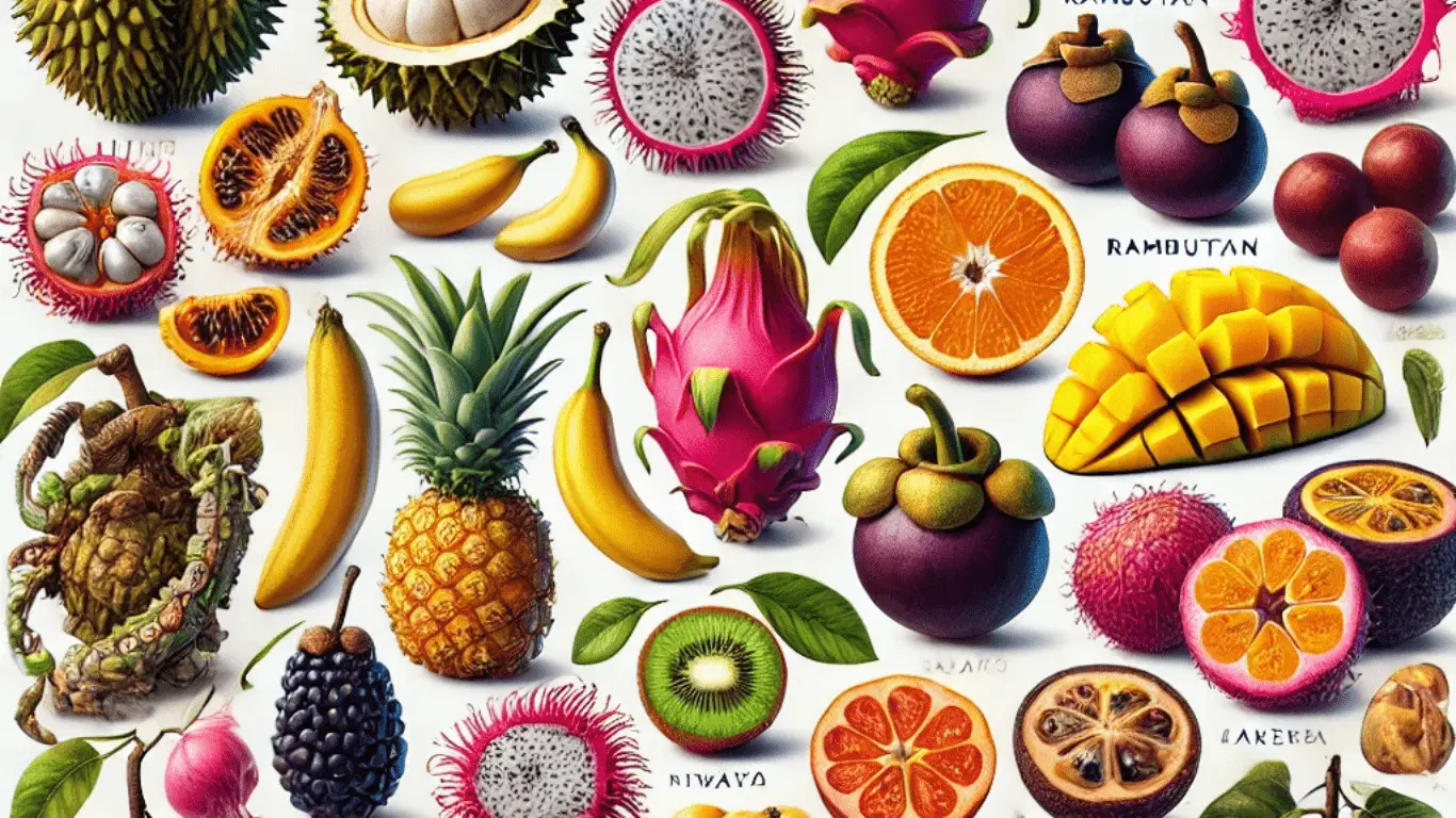 Illustration artistique présentant une collection variée de fruits exotiques aux couleurs vives, comme le durian, le pitaya, l’ananas, la mangue et le ramboutan.