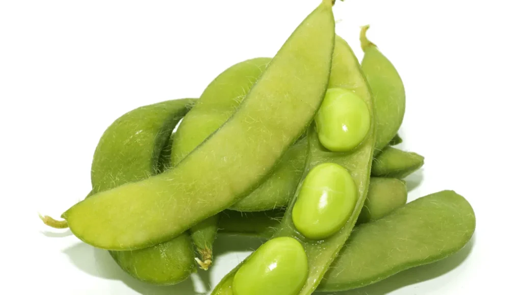 Gousses vertes d'edamame avec des fèves visibles, posées sur un fond blanc.