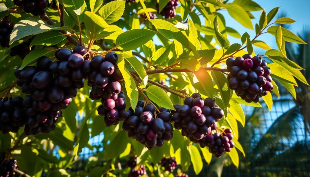 Des grappes de jabuticabas noirs et luisants accrochées à des branches avec des feuilles vertes, éclairées par le soleil dans un cadre tropical.