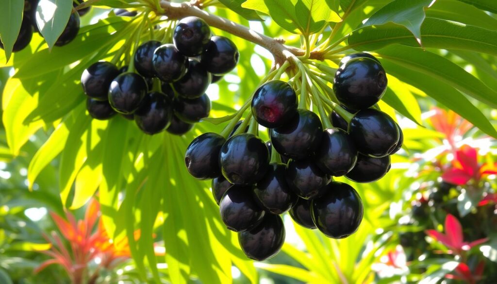 Une grappe de jabuticabas noirs et ronds accrochée à une branche avec des feuilles vertes, dans un cadre tropical ensoleillé.