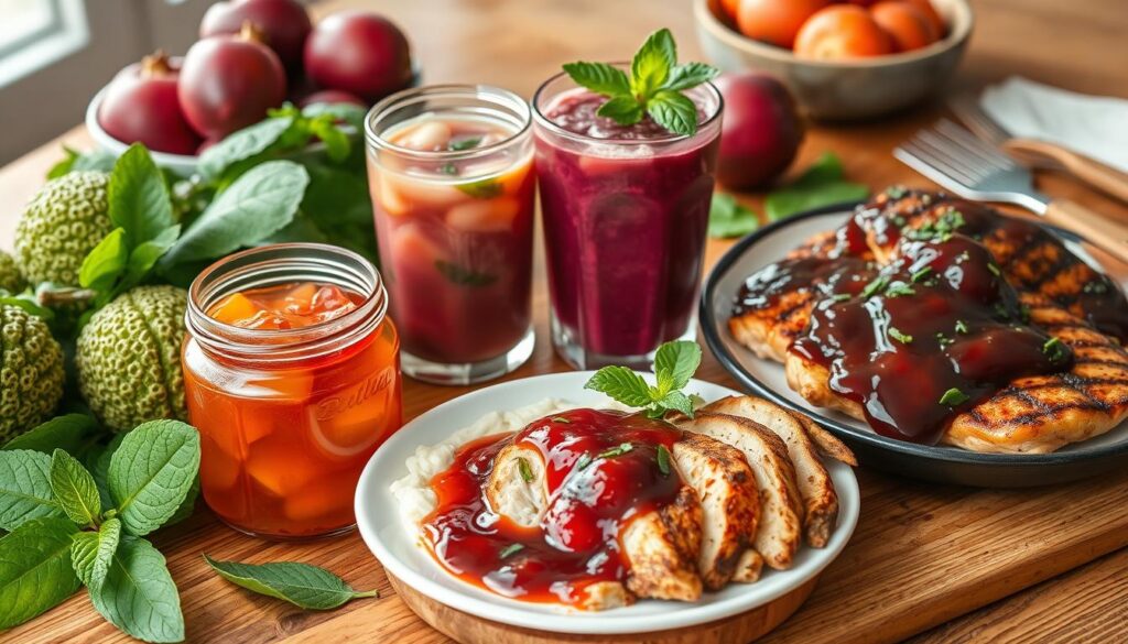 Une table en bois garnie de plats et boissons à base de jabuticaba, incluant du poulet grillé avec une sauce fruitée, un bocal de confiture, deux verres de jus et des jabuticabas frais, accompagnés de feuilles de menthe.