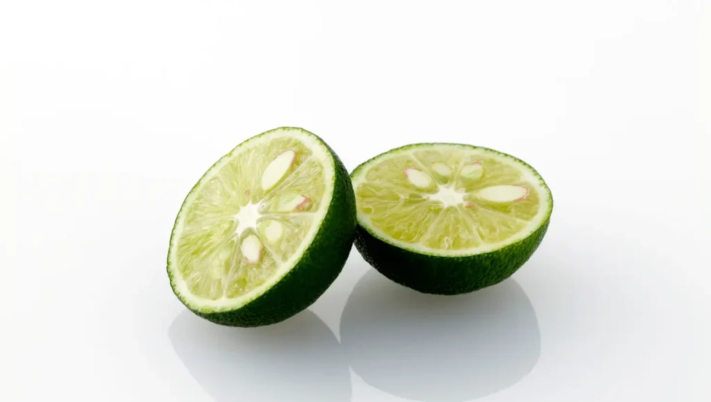 Deux moitiés de kabosu frais avec une peau verte foncée et une chair jaune-vert, exposant des graines blanches sur un fond blanc épuré.