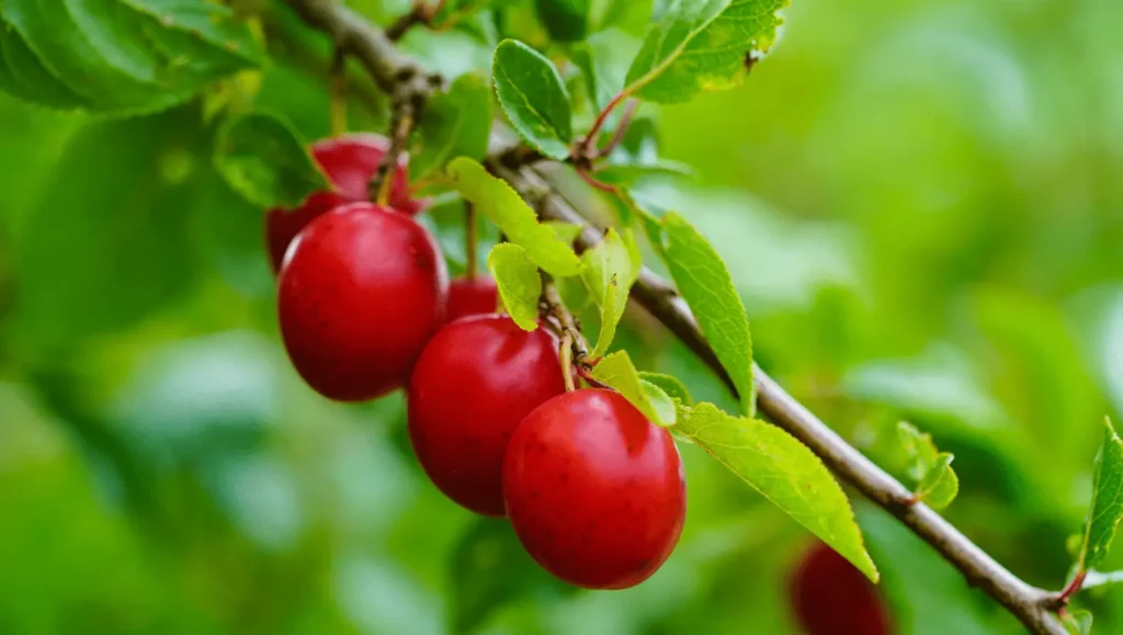 Gros plan sur des myrobolans rouges suspendus à une branche, avec des feuilles vertes en arrière-plan.
