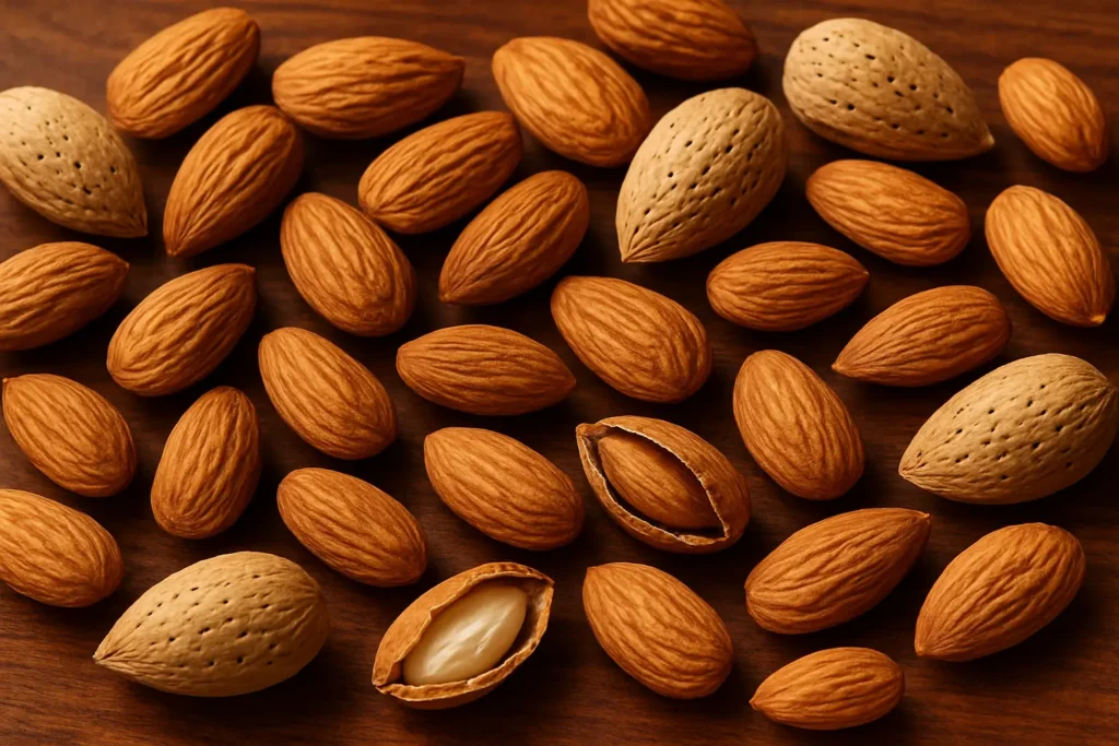 Amandes dispersées sur bois avec un message sur les bienfaits cardiaques des amandes.