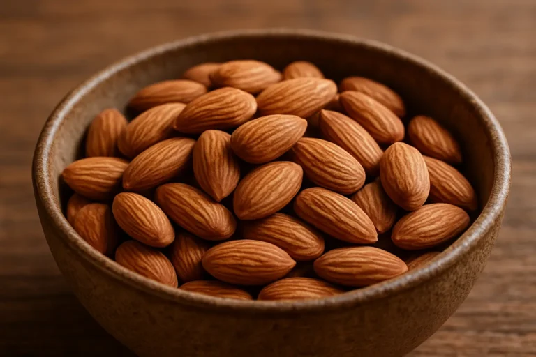 Bol rustique rempli d’amandes entières, illustrant les bienfaits des amandes pour la santé.