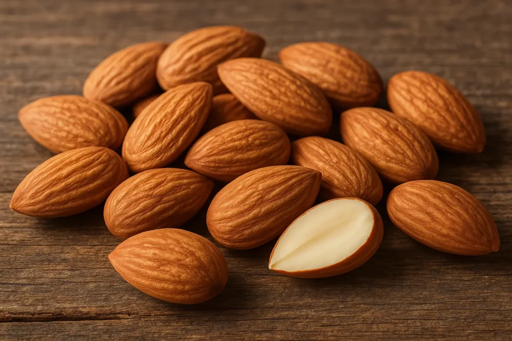 Gros plan sur des amandes entières et une amande coupée, illustrant leur richesse nutritionnelle.
