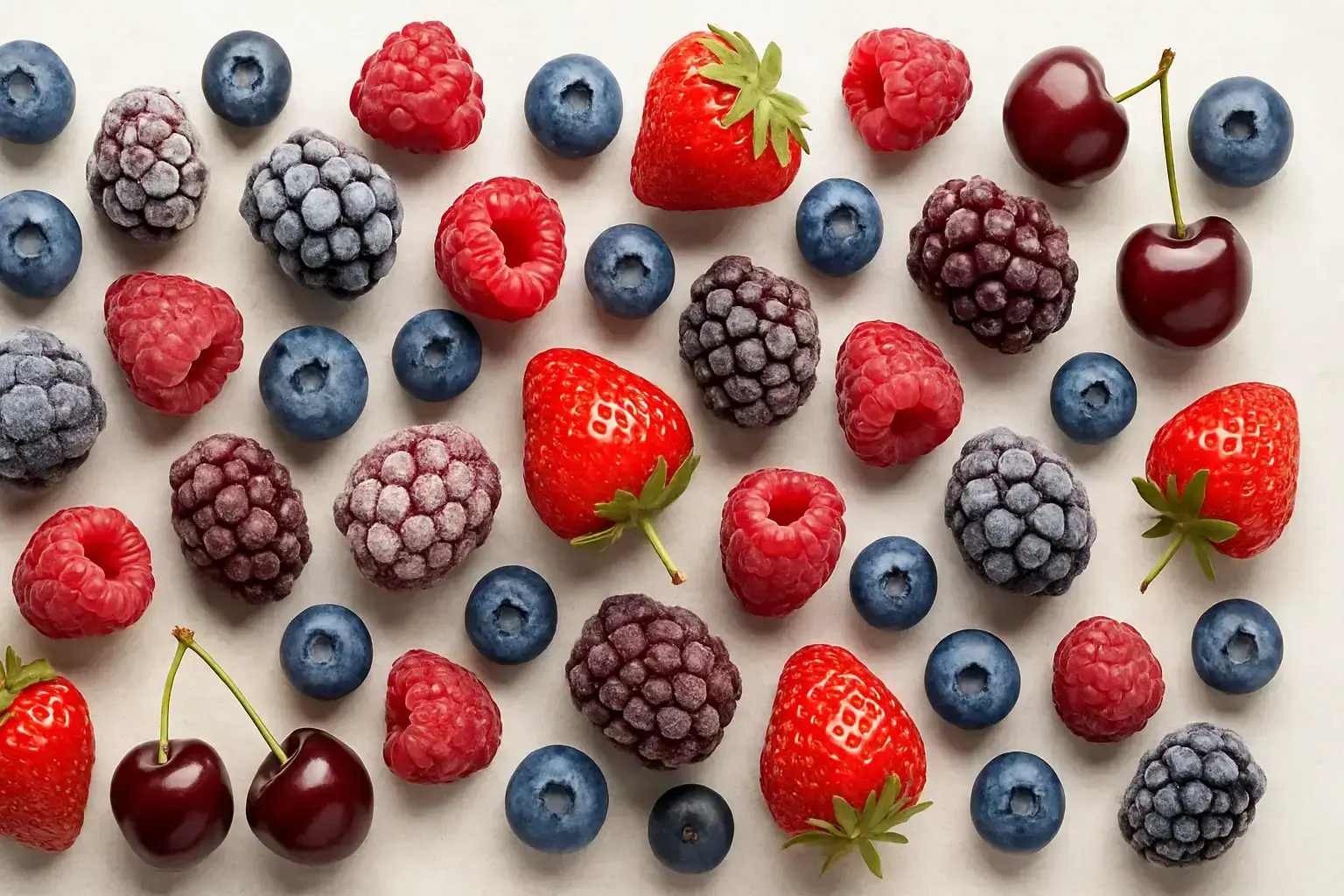 Assortiment de fruits rouges congelés et frais : fraises, myrtilles, framboises, mûres et cerises sur fond blanc