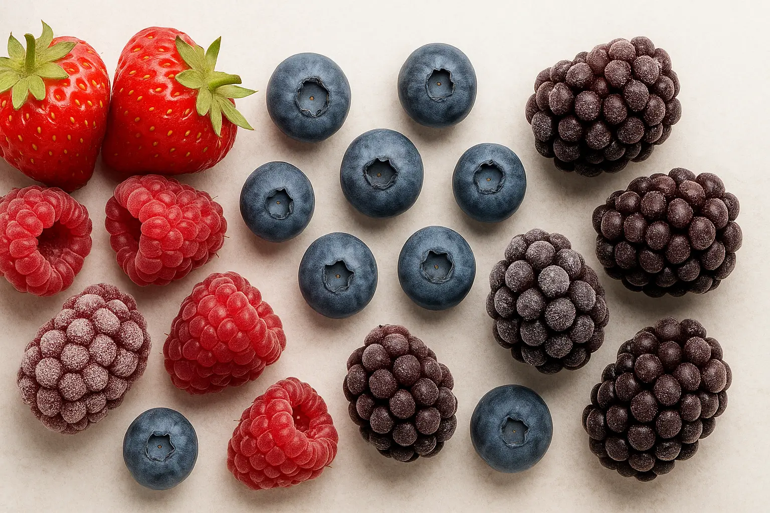 Comparaison fruits rouges frais et congelés côte à côte — fraises, myrtilles, framboises et mûres givrées sur fond blanc