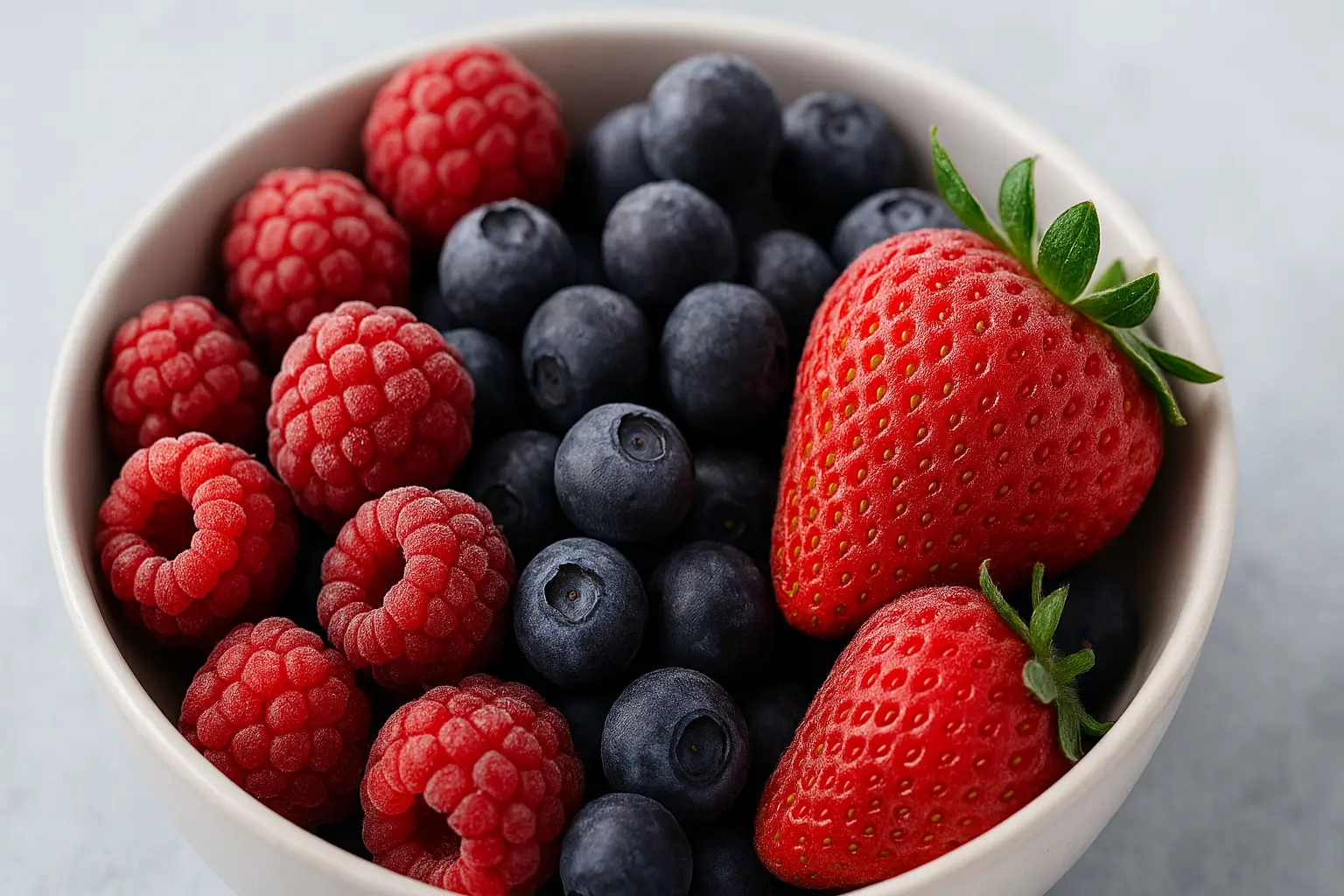 Bol blanc rempli de fruits rouges congelés — framboises, myrtilles et fraises prêts à consommer