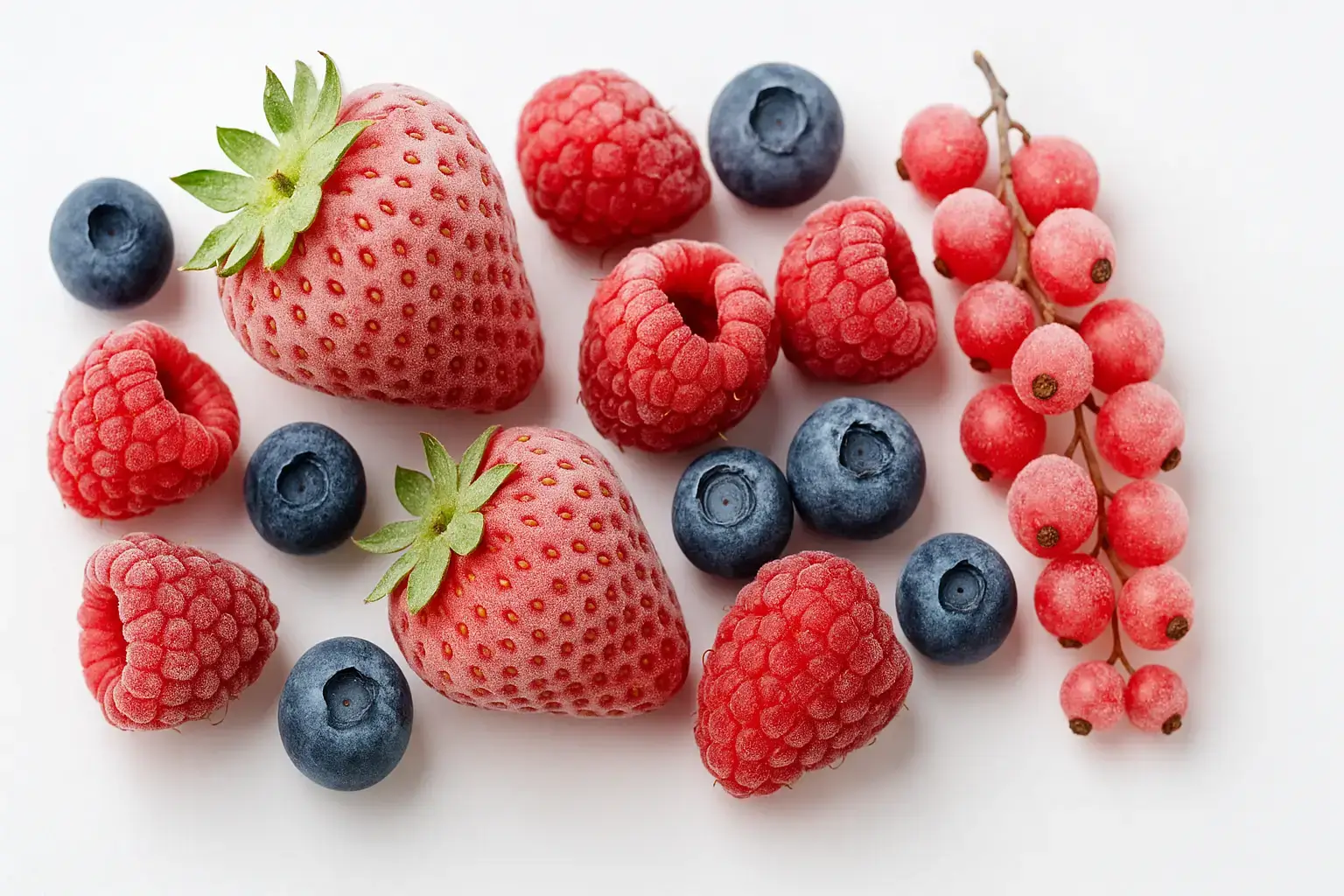 Fruits rouges surgelés en gros plan — fraises, framboises, myrtilles et groseilles givrées sur fond blanc