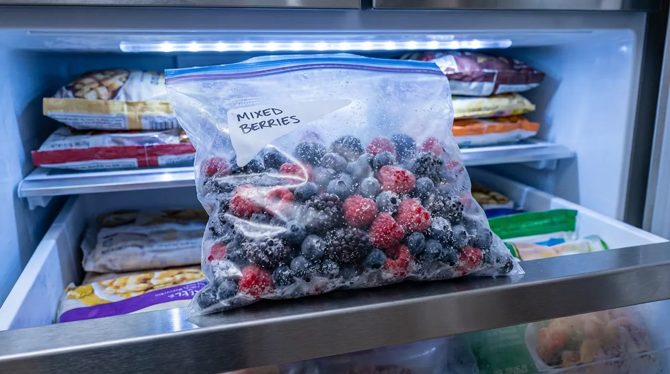 fruits rouges congelés dans un sac givré