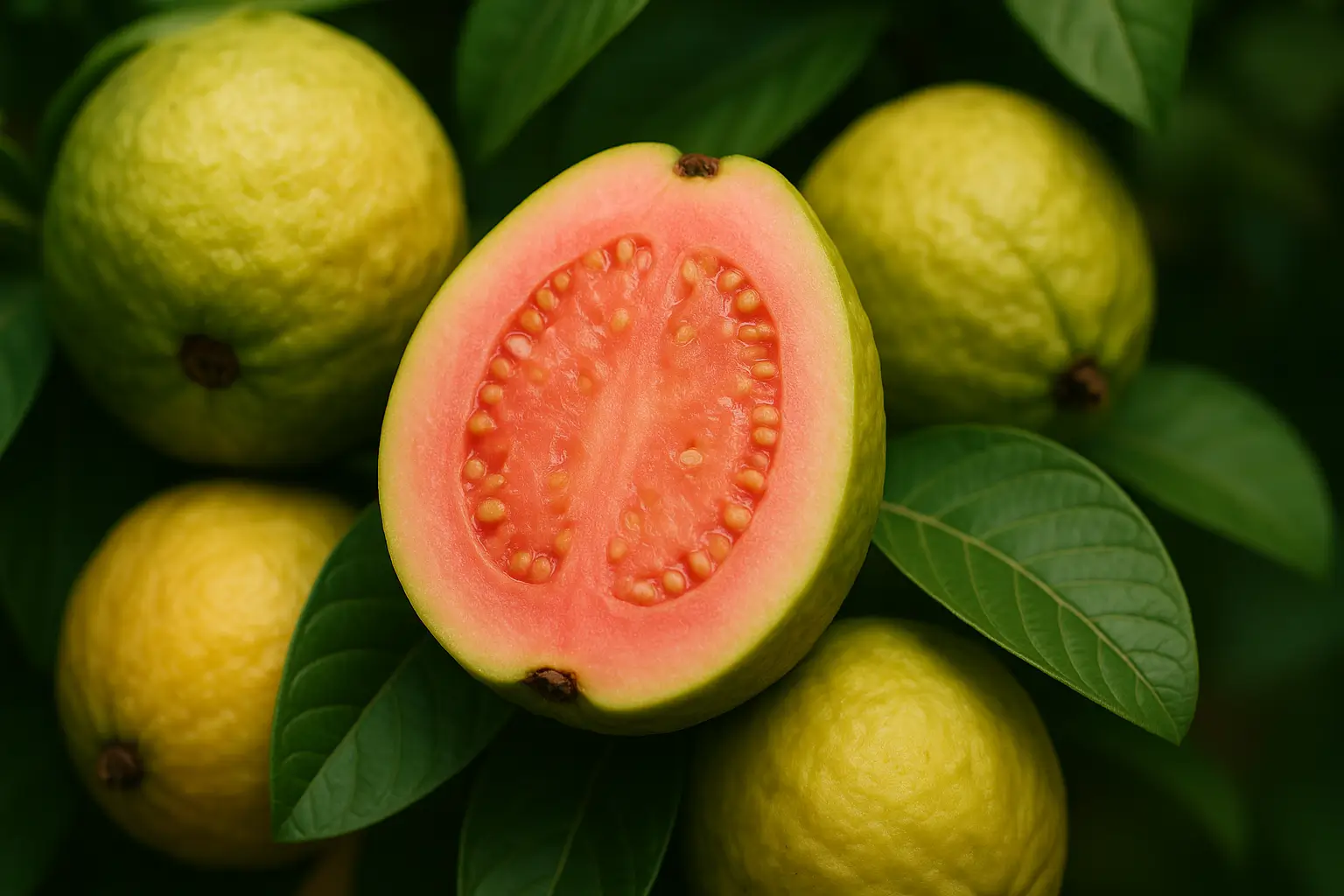Gros plan sur un fruit goyave mûr coupé en deux, montrant sa chair rose entourée de goyaves entières et de feuilles vertes.