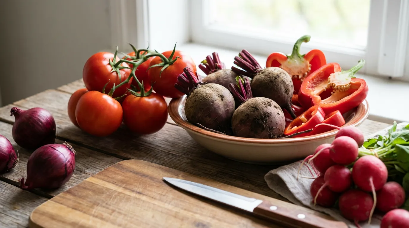 tomate betterave poivron rouge sur fond cuisine