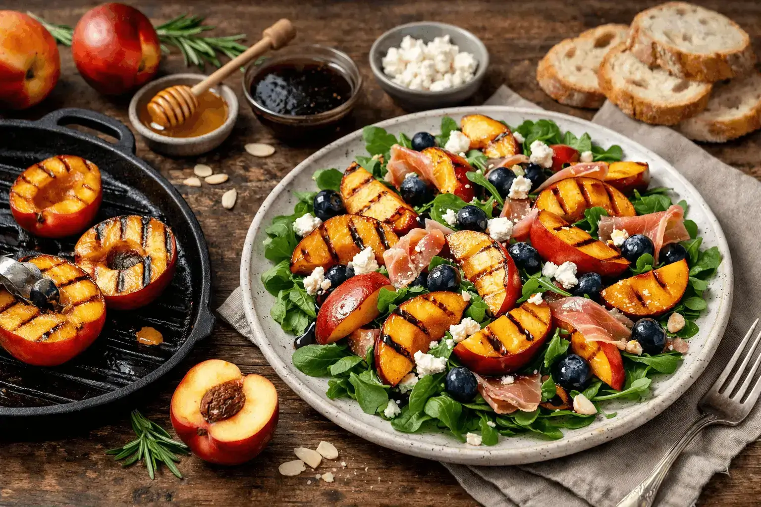 Nectarine fruit grillées coupées en deux avec du miel et du romarin — recette estivale facile