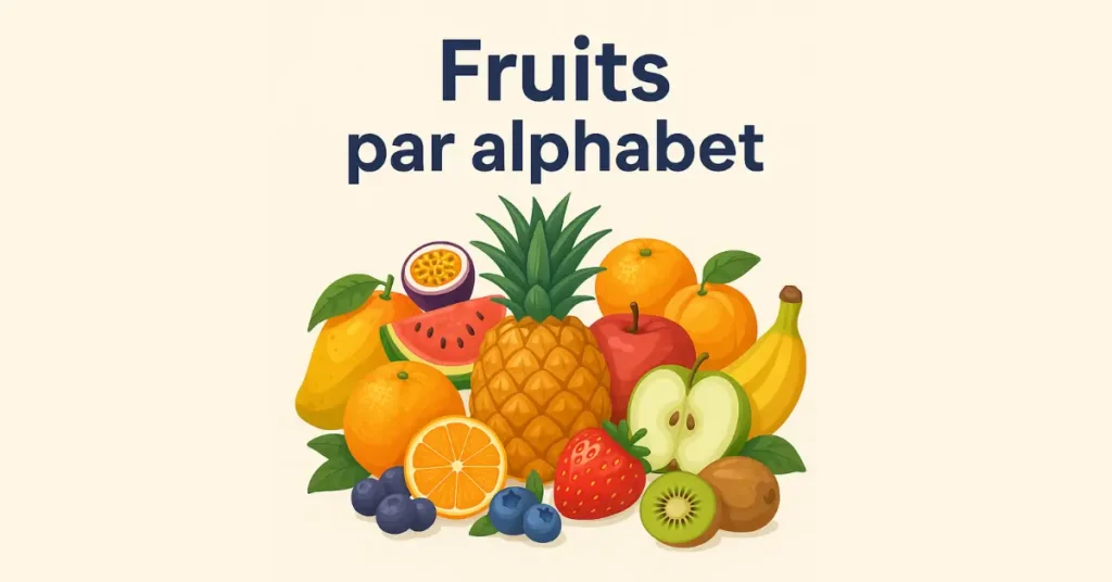 Illustration colorée de fruits variés classés par ordre alphabétique – FruityGlobe