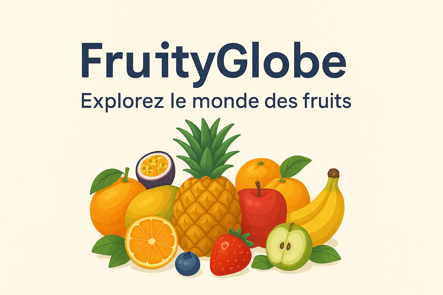 Illustration colorée de fruits variés avec le logo FruityGlobe et le slogan "Explorez le monde des fruits