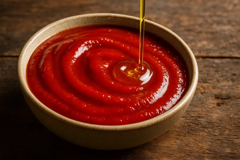 Gros plan sur une sauce tomate rouge brillante avec un filet d’huile d’olive