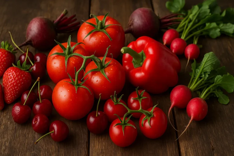 Assortiment de fraises, cerises, tomates, poivrons rouges, betteraves et radis sur une table en bois