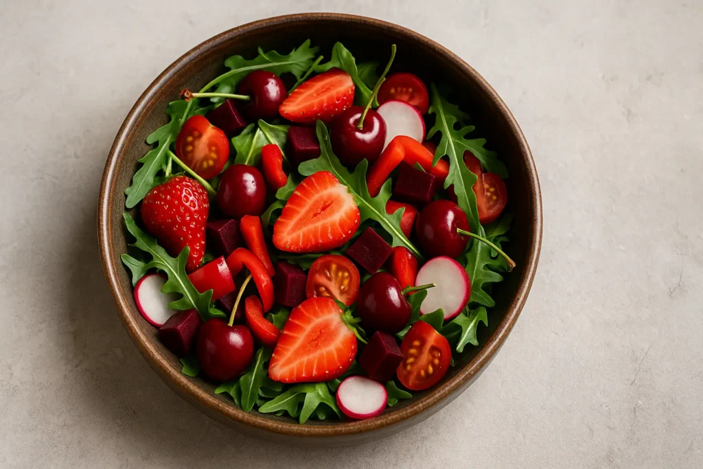 Salade fraîche avec fraises, cerises, poivrons rouges, betteraves et radis dans un bol rustique